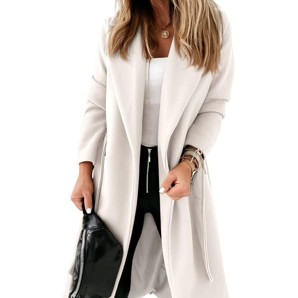 Womens Classic Coat Lapel Collar Open Front Belted Long Jacket